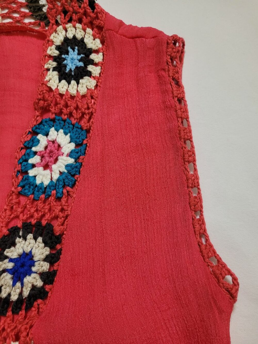 Favlux Crochet Trim Sleeveless Long Cardigan Fringe Vest Coral Festival Boho - Picture 7 of 8